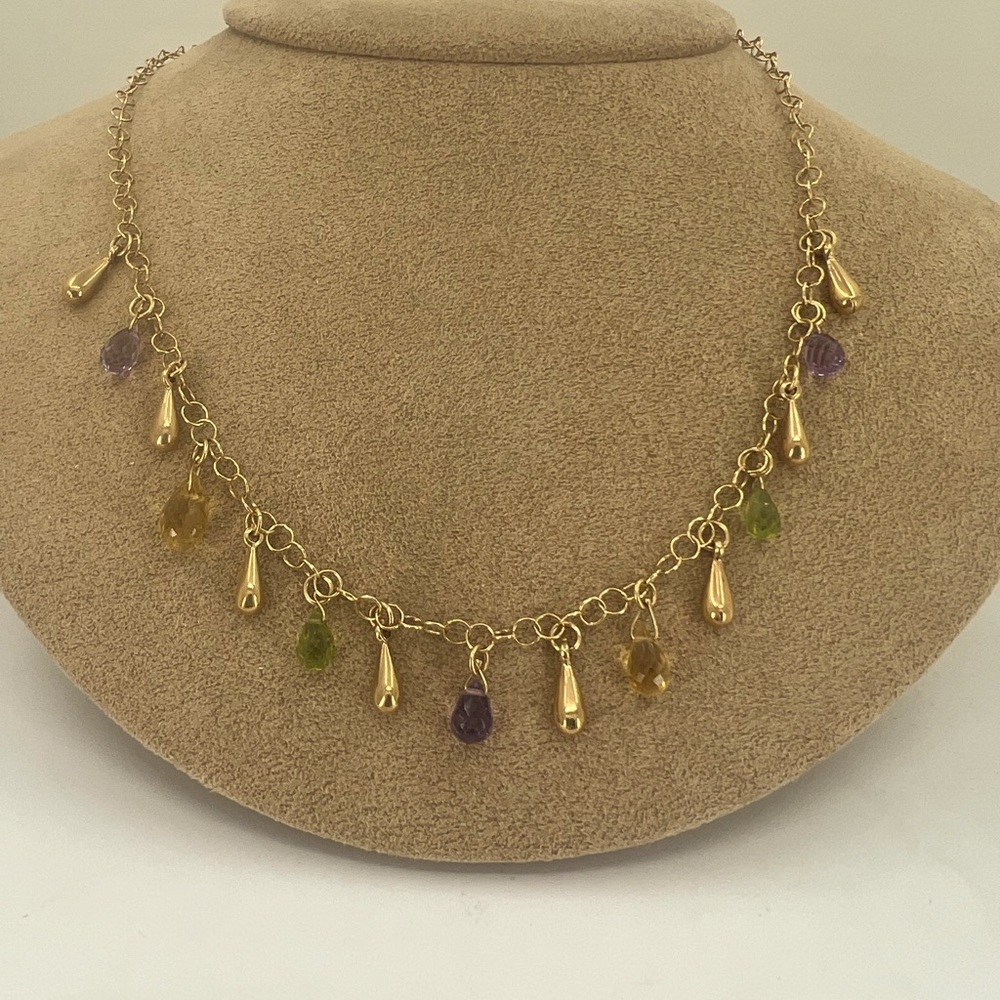 14KYG Dangling Briolette cut Semi Precious Stones and gold with rolo 14KYG chain